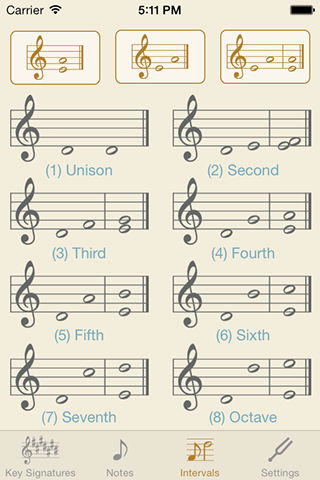 Home screen of the Intervals module with a picture of harmonic and melodic intervals