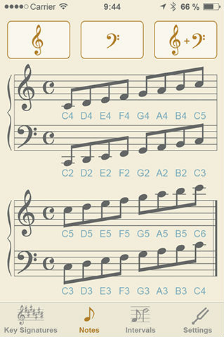 Home screen of the Notes module with a picture of treble and bass staves with notes